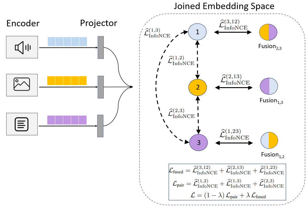 Architecture of ConFu showing modality encoders, projection heads, fusion branch, and the combined training objective.